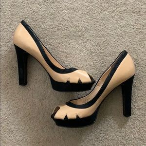 Audrey Brooke tan peep toe pumps with black trim